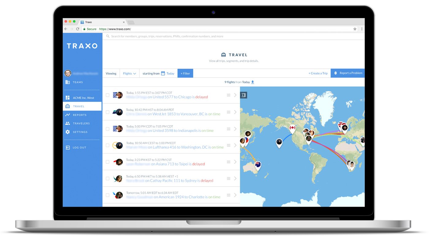 Laptop Displaying Traxo Console with Map of Traveler Locations